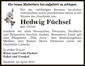 Traueranzeige von Hedwig Füchsel von Super Sonntag SGH Mansf. Land