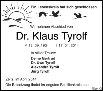 Traueranzeige von Klaus Tyrolf von Super Sonntag Zeitz