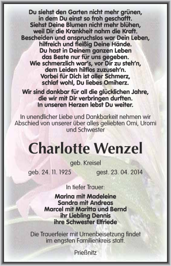 Traueranzeige von Charlotte Wenzel von WVG - Wochenspiegel NMB / WSF / ZTZ