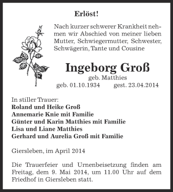 Traueranzeige von Ingeborg Groß von WVG - Wochenspiegel Aschersleben