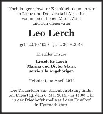 Traueranzeige von Leo Lerch von Super Sonntag SGH Mansf. Land