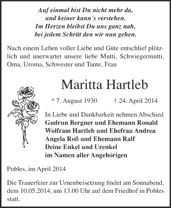 Traueranzeige von Maritta Hartleb von WVG - Wochenspiegel NMB / WSF / ZTZ