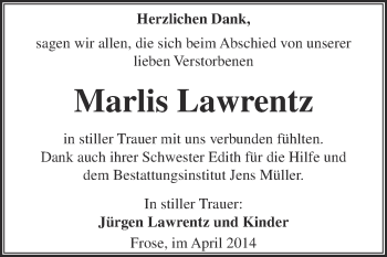 Traueranzeige von Marlis Lawrentz von WVG - Wochenspiegel Aschersleben
