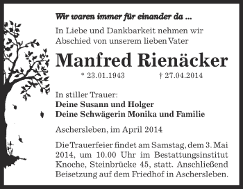 Traueranzeige von Manfred Rienäcker von WVG - Wochenspiegel Aschersleben