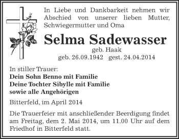 Traueranzeige von Selma Sadewasser von WVG - Wochenspiegel Bitterfeld