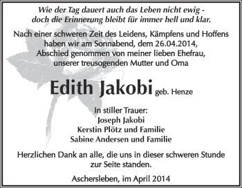 Traueranzeige von Edith Jakobi von WVG - Wochenspiegel Aschersleben