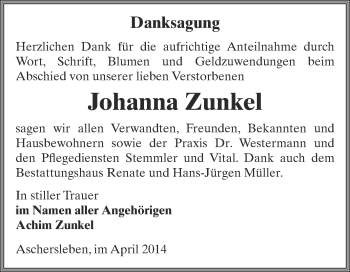 Traueranzeige von Johanna Zunkel von WVG - Wochenspiegel Aschersleben