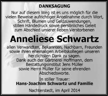 Traueranzeige von Anneliese Schwartz von WVG - Wochenspiegel Aschersleben