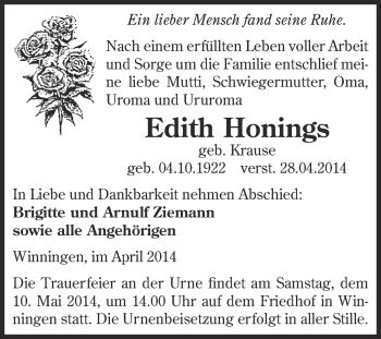 Traueranzeige von Edith Honings von WVG - Wochenspiegel Aschersleben