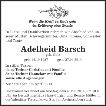 Traueranzeige von Adelheid Barsch von WVG - Wochenspiegel Aschersleben