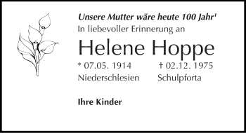 Traueranzeige von Helene Hoppe von Mitteldeutsche Zeitung Naumburg/Nebra