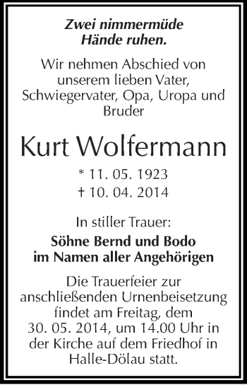 Traueranzeige von Kurt Wolfermann von Mitteldeutsche Zeitung Halle/Saalkreis