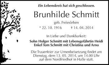 Traueranzeige von Brunhilde Schmitt von Mitteldeutsche Zeitung Halle/Saalkreis