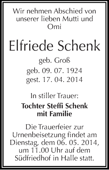 Traueranzeige von Elfriede Schenk von Mitteldeutsche Zeitung Halle/Saalkreis