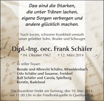 Traueranzeige von Frank Schäfer von Mitteldeutsche Zeitung Merseburg/Querfurt