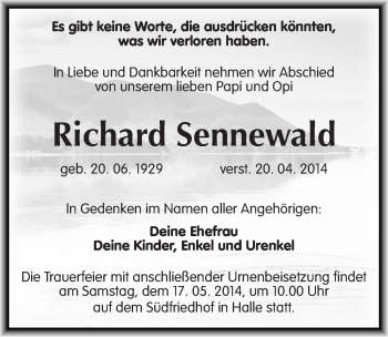 Traueranzeige von Richard Sennewald von Mitteldeutsche Zeitung Halle/Saalkreis