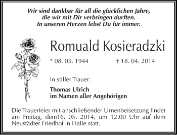 Traueranzeige von Romuald Kosieradzki von Mitteldeutsche Zeitung Halle/Saalkreis