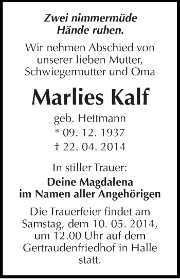 Traueranzeige von Marlies Kalf von Mitteldeutsche Zeitung Halle/Saalkreis