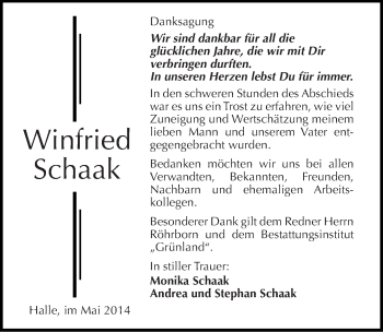 Traueranzeige von Winfried Schaak von Mitteldeutsche Zeitung Halle/Saalkreis