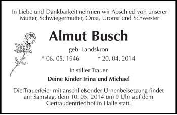 Traueranzeige von Almut Busch von Mitteldeutsche Zeitung Halle/Saalkreis