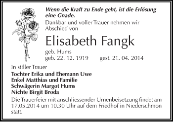 Traueranzeige von Elisabeth Fangk von Mitteldeutsche Zeitung Merseburg/Querfurt