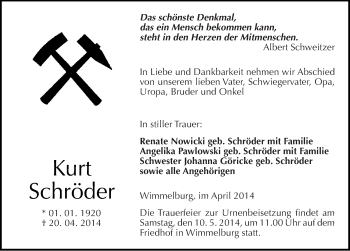 Traueranzeige von Kurt Schröder von Mitteldeutsche Zeitung Mansfelder Land