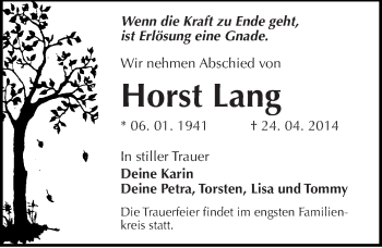 Traueranzeige von Horst Lang von Mitteldeutsche Zeitung Dessau-Roßlau