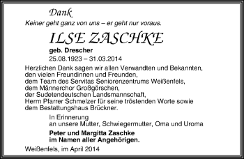 Traueranzeige von Ilse Zaschke von Mitteldeutsche Zeitung Weißenfels