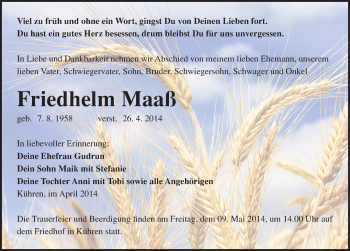 Traueranzeige von Friedhelm Maaß von Mitteldeutsche Zeitung Köthen