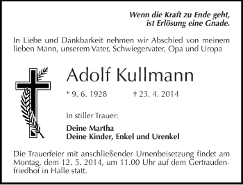 Traueranzeige von Adolf Kullmann von Mitteldeutsche Zeitung Halle/Saalkreis
