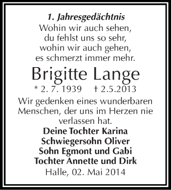 Traueranzeige von Brigitte Lange von Mitteldeutsche Zeitung Halle/Saalkreis