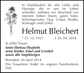 Traueranzeige von Helmut Bleichert von Mitteldeutsche Zeitung Mansfelder Land