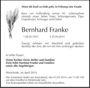 Traueranzeige von Bernhard Franke von Mitteldeutsche Zeitung Sangerhausen