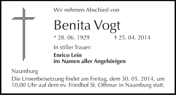 Traueranzeige von Benita Vogt von Mitteldeutsche Zeitung Naumburg/Nebra