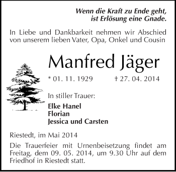 Traueranzeige von Manfred Jäger von Mitteldeutsche Zeitung Sangerhausen