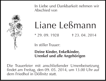 Traueranzeige von Liane Leßmann von Mitteldeutsche Zeitung Halle/Saalkreis