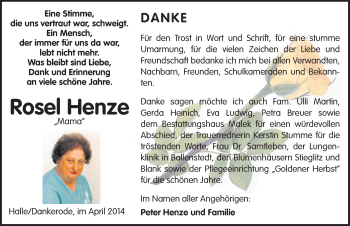 Traueranzeige von Rosel Henze von Mitteldeutsche Zeitung Quedlinburg