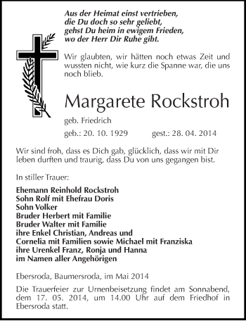 Traueranzeige von Margarete Rockstroh von Mitteldeutsche Zeitung Naumburg/Nebra