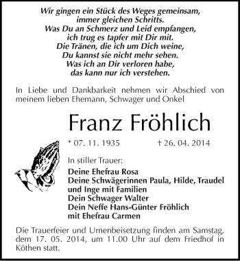 Traueranzeige von Franz Fröhlich von Mitteldeutsche Zeitung Köthen