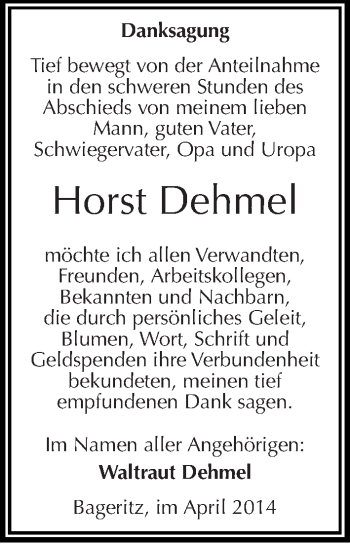 Traueranzeige von Horst Dehmel von Mitteldeutsche Zeitung Halle/Saalkreis
