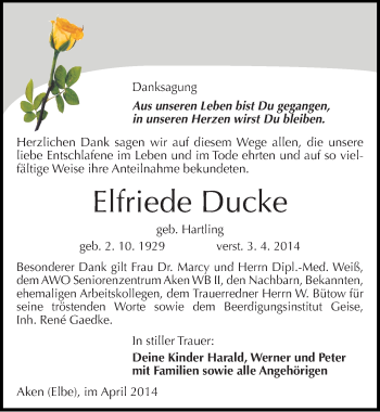 Traueranzeige von Elfriede Ducke von Mitteldeutsche Zeitung Köthen