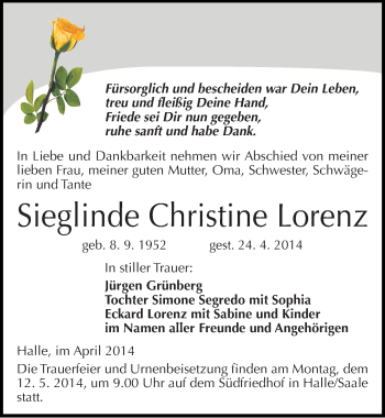 Traueranzeige von Sieglinde Christine Lorenz von Mitteldeutsche Zeitung Halle/Saalkreis