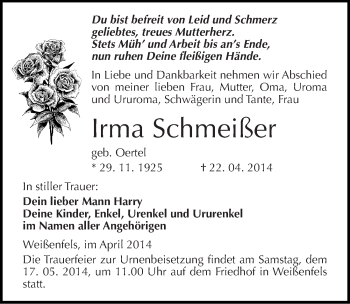 Traueranzeige von Irma Schmeißer von Mitteldeutsche Zeitung Weißenfels