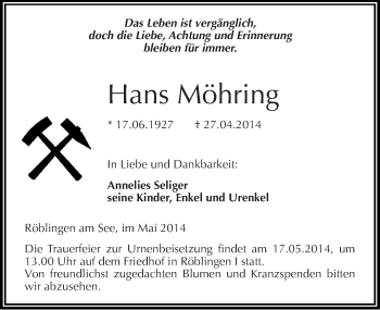 Traueranzeige von Hans Möhring von Mitteldeutsche Zeitung Mansfelder Land