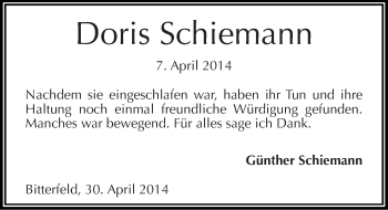 Traueranzeige von Doris Schiemann von Mitteldeutsche Zeitung