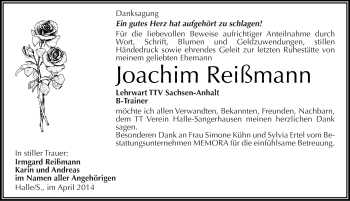 Traueranzeige von Joachim Reißmann von Mitteldeutsche Zeitung Halle/Saalkreis