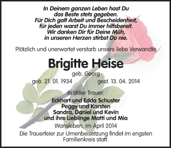 Traueranzeige von Brigitte Heise von Mitteldeutsche Zeitung Mansfelder Land