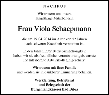 Traueranzeige von Viola Schaepmann von Mitteldeutsche Zeitung Naumburg/Nebra