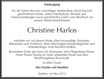 Traueranzeige von Christine Harlos von Mitteldeutsche Zeitung Mansfelder Land