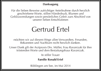 Traueranzeige von Gertrud Ertel von Mitteldeutsche Zeitung Mansfelder Land